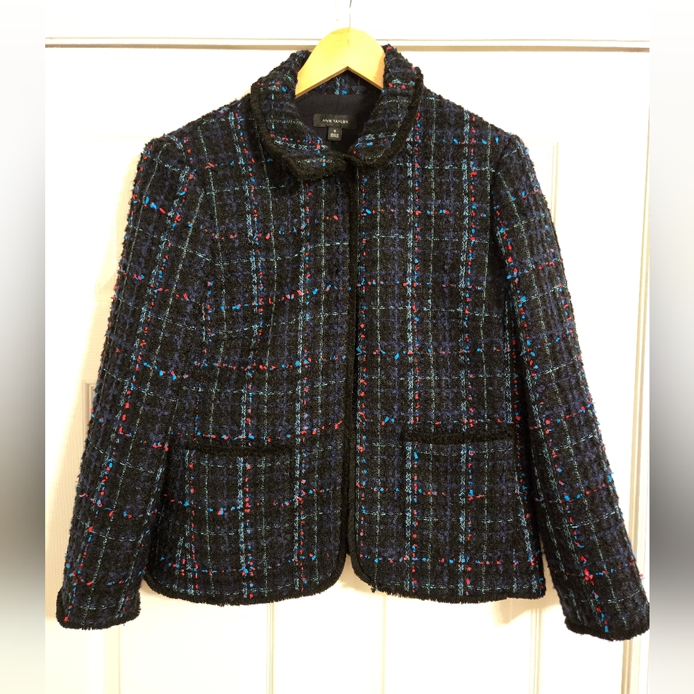 Ann Taylor Black, red and blue Tweed Jacket size 10